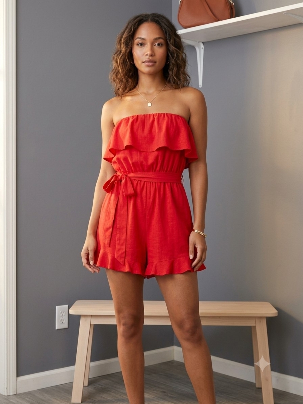 Cato Red Strapless Ruffle Romper with Tie Waist